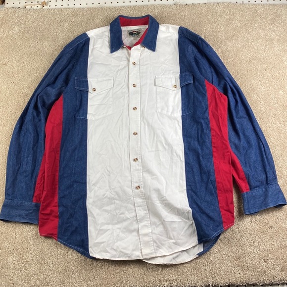 Other - Cumberland Outfitters Mens XL Red White Blue Colorblock Denim Western Shirt